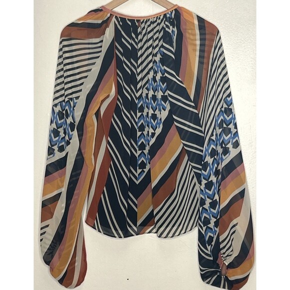 Ramy Brook Geometric Tassel-Tie Top XXS Navy Brown Balloon Sleeve Art to Wear - Picture 2 of 4